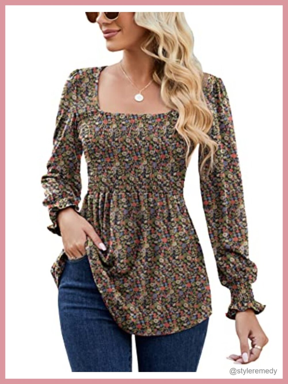 Women Puff Long Sleeve Square Neck Smocked Tunic Top Casual Babydoll Blouse